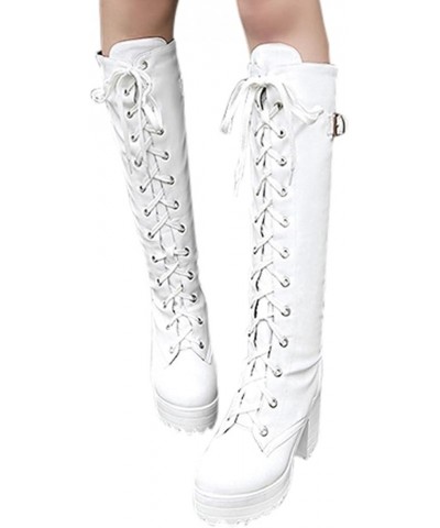 Knee High Boots For Women Flat Chunky Mid Heel Lace Up Faux Leather Riding Winter Buckle Riding Mid Calf Boots White $11.76 B...