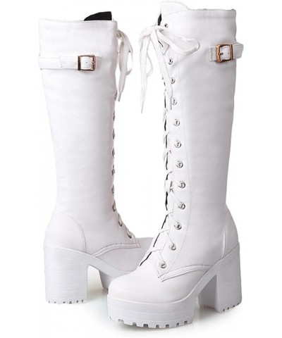 Knee High Boots For Women Flat Chunky Mid Heel Lace Up Faux Leather Riding Winter Buckle Riding Mid Calf Boots White $11.76 B...