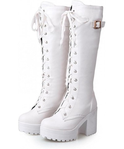 Knee High Boots For Women Flat Chunky Mid Heel Lace Up Faux Leather Riding Winter Buckle Riding Mid Calf Boots White $11.76 B...