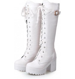 Knee High Boots For Women Flat Chunky Mid Heel Lace Up Faux Leather Riding Winter Buckle Riding Mid Calf Boots White $11.76 B...