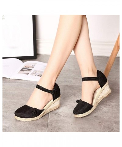 Sandals for Women with Bow Women Ladies Retro Linen Canvas Wedge Round Toe Casual Sandals Singles (Black, 5) Black 7 $15.92 S...