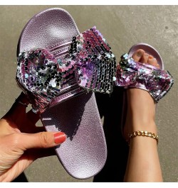 Women Shoes Flat Beach Slippers Fashion Shiny Flat Slippers Flashing Diamond Bow Knot House Slippers for Women Booties (Black...