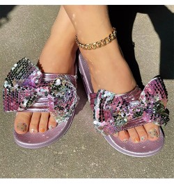 Women Shoes Flat Beach Slippers Fashion Shiny Flat Slippers Flashing Diamond Bow Knot House Slippers for Women Booties (Black...