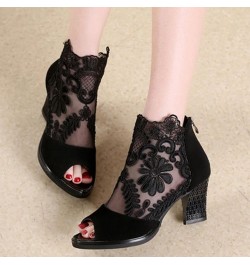 Hollow High Heel Sandals Women Comfortable Dressy Banquet Thick Heel Lace Fish Mouth Roman Sandal Shoes Open Toe E-248 Black ...