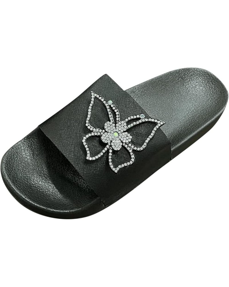 Women Slippers Summer New Pattern Bow Shiny Rhinestone Flat Bottom Non Slip Elephant Slippers for Women (Black, 8.5) Black 7 ...