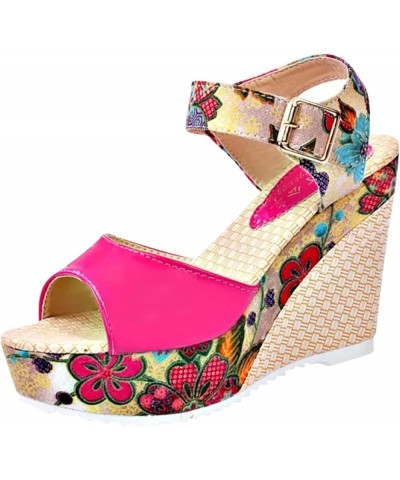 Women Lace Unpositioned Printing Platform Sandals National Style Fish Mouth Slope Heels Sandal Buckle Strap Wedge Hot Pink 7....