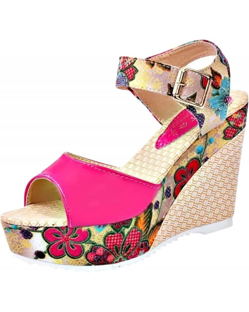 Women Lace Unpositioned Printing Platform Sandals National Style Fish Mouth Slope Heels Sandal Buckle Strap Wedge Hot Pink 7....