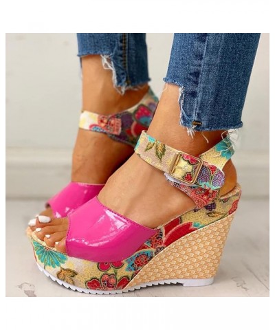 Women Lace Unpositioned Printing Platform Sandals National Style Fish Mouth Slope Heels Sandal Buckle Strap Wedge Hot Pink 7....