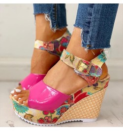 Women Lace Unpositioned Printing Platform Sandals National Style Fish Mouth Slope Heels Sandal Buckle Strap Wedge Hot Pink 7....