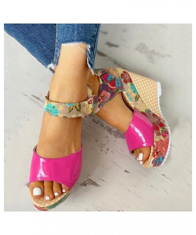 Women Lace Unpositioned Printing Platform Sandals National Style Fish Mouth Slope Heels Sandal Buckle Strap Wedge Hot Pink 7....