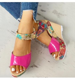 Women Lace Unpositioned Printing Platform Sandals National Style Fish Mouth Slope Heels Sandal Buckle Strap Wedge Hot Pink 7....