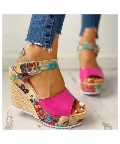 Women Lace Unpositioned Printing Platform Sandals National Style Fish Mouth Slope Heels Sandal Buckle Strap Wedge Hot Pink 7....