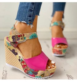 Women Lace Unpositioned Printing Platform Sandals National Style Fish Mouth Slope Heels Sandal Buckle Strap Wedge Hot Pink 7....