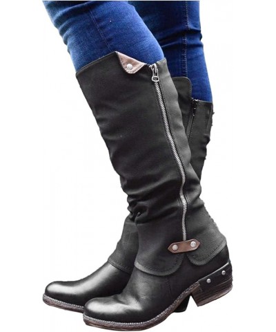 Women's Chunky Heel Knee High Boots Fashion Military Low Heel Buckle Zipper Riding Boot Wide Calf Winter Boots Black $28.04 B...