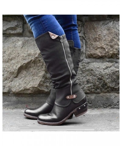 Women's Chunky Heel Knee High Boots Fashion Military Low Heel Buckle Zipper Riding Boot Wide Calf Winter Boots Black $28.04 B...