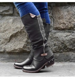 Women's Chunky Heel Knee High Boots Fashion Military Low Heel Buckle Zipper Riding Boot Wide Calf Winter Boots Black $28.04 B...