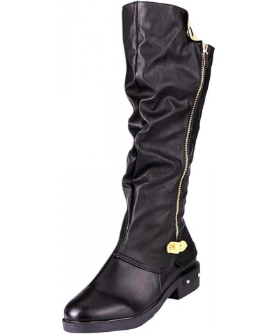 Women's Chunky Heel Knee High Boots Fashion Military Low Heel Buckle Zipper Riding Boot Wide Calf Winter Boots Black $28.04 B...