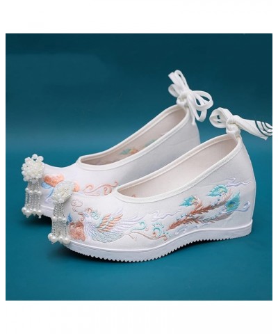 Pointed Toe Ancient Women Wedge Shoes Chinese Traditional Hanfu Pearl Tassels Oriental Lolita Embroidery Phoenix 39 Pearls Wh...