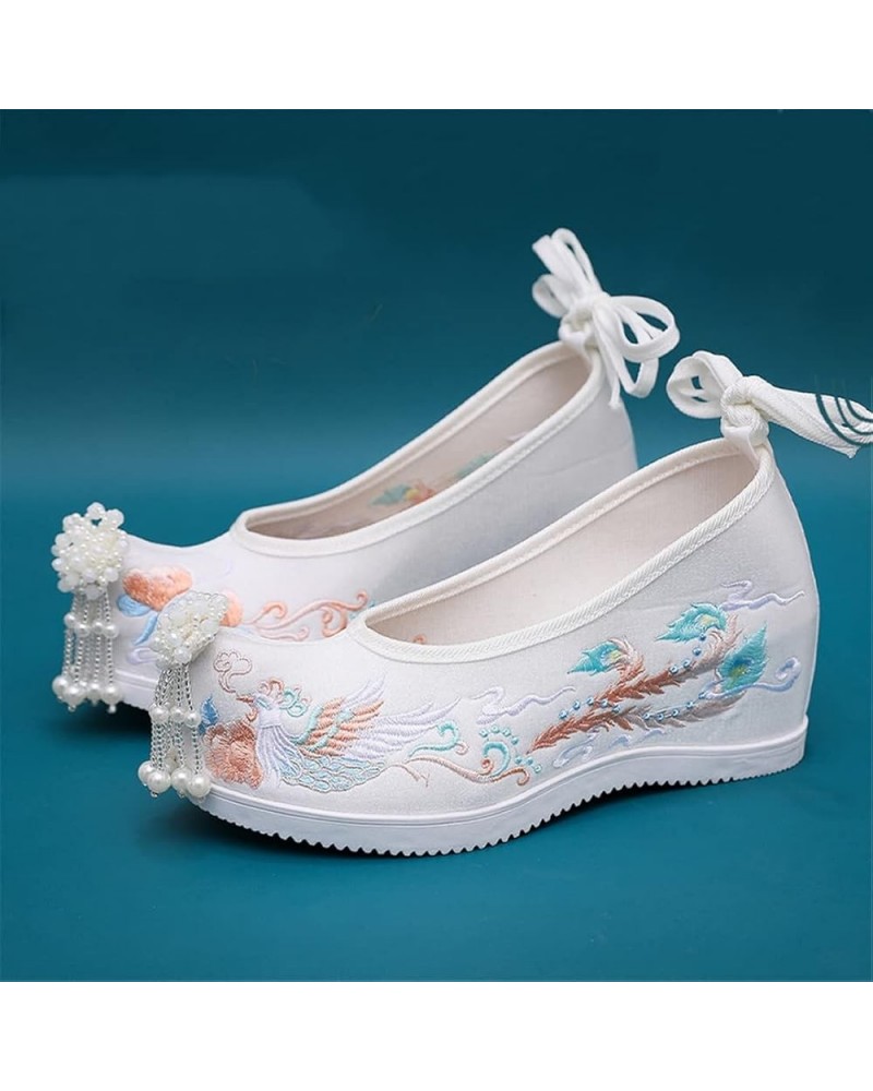 Pointed Toe Ancient Women Wedge Shoes Chinese Traditional Hanfu Pearl Tassels Oriental Lolita Embroidery Phoenix 39 Pearls Wh...