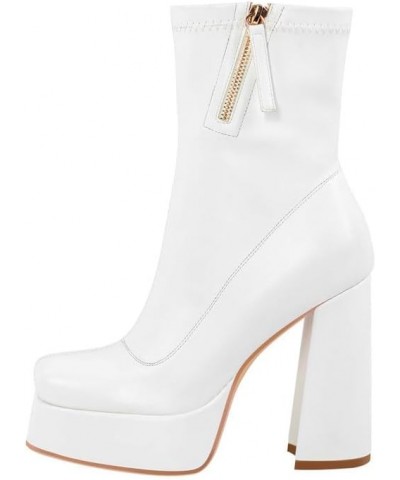 Women's Square Toe Platform Block Heeled Ankle Boots for Party Wedding White Heels $37.38 Boots