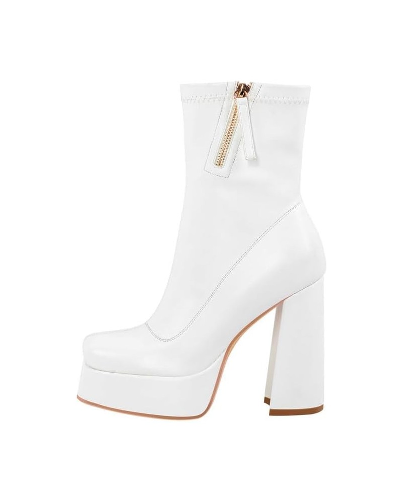 Women's Square Toe Platform Block Heeled Ankle Boots for Party Wedding White Heels $37.38 Boots