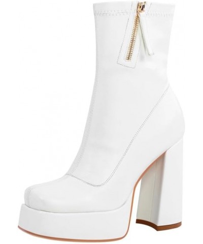 Women's Square Toe Platform Block Heeled Ankle Boots for Party Wedding White Heels $37.38 Boots