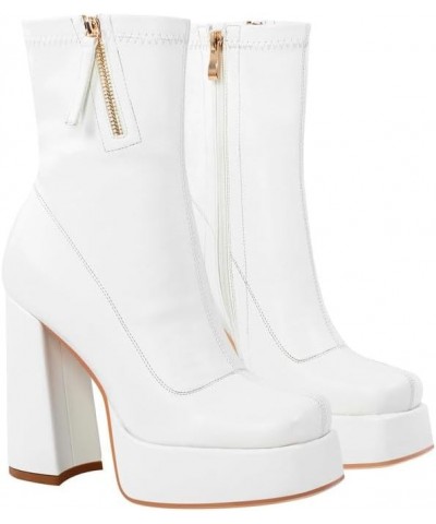 Women's Square Toe Platform Block Heeled Ankle Boots for Party Wedding White Heels $37.38 Boots