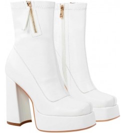 Women's Square Toe Platform Block Heeled Ankle Boots for Party Wedding White Heels $37.38 Boots