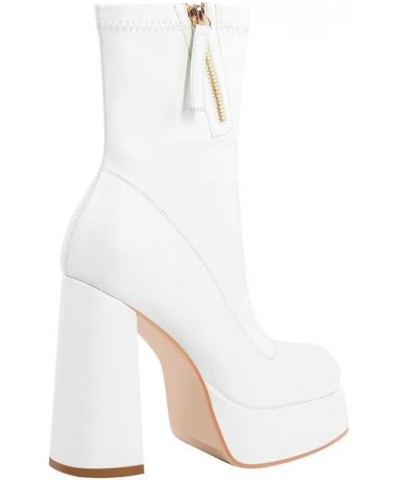 Women's Square Toe Platform Block Heeled Ankle Boots for Party Wedding White Heels $37.38 Boots