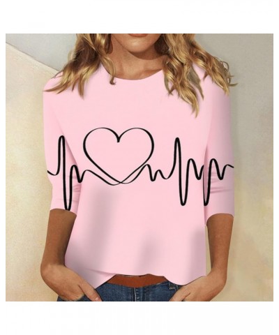 Valentine's Day Shirt for Women Women Love Heart Print Shirt 3/4 Sleeve T-Shirt Womens Tops 2024 Trendy Casual Loose Tee Top ...