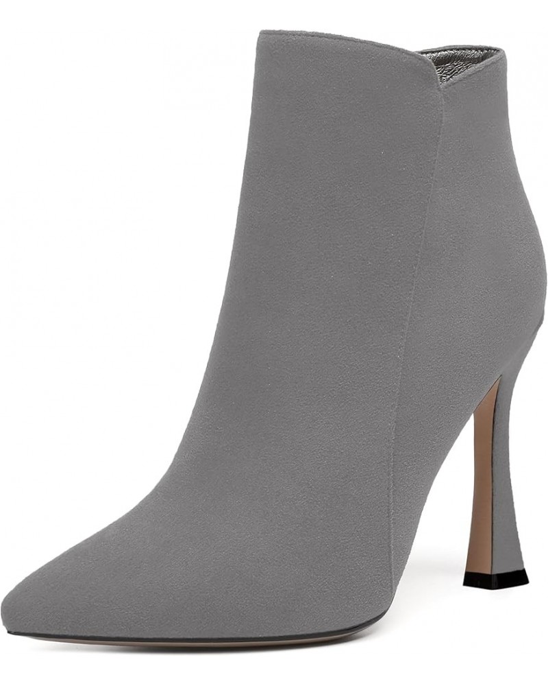 Womens Pointed Toe Zip Evening Dress Suede Spool High Heel Ankle High Boots 4 Inch Grey $46.09 Boots