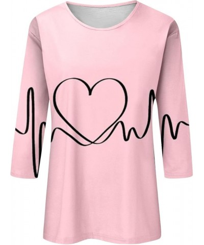 Valentine's Day Shirt for Women Women Love Heart Print Shirt 3/4 Sleeve T-Shirt Womens Tops 2024 Trendy Casual Loose Tee Top ...