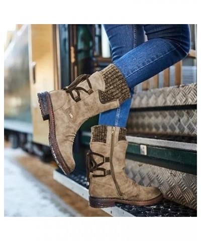 Winter Boots for Women Classic Pointed Flat Bottomed Bandage Mid Calf Boots Shoes Fall Boots for Women 2022 Khaki 8.5 $10.50 ...