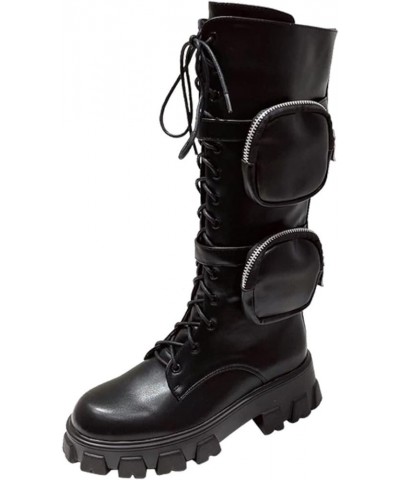 Women's Knee High Boots Stylish Lace Up Double Packet Buckle Straps Lug Sole Thick Platform Motorcycle Boots Black $38.95 Boots