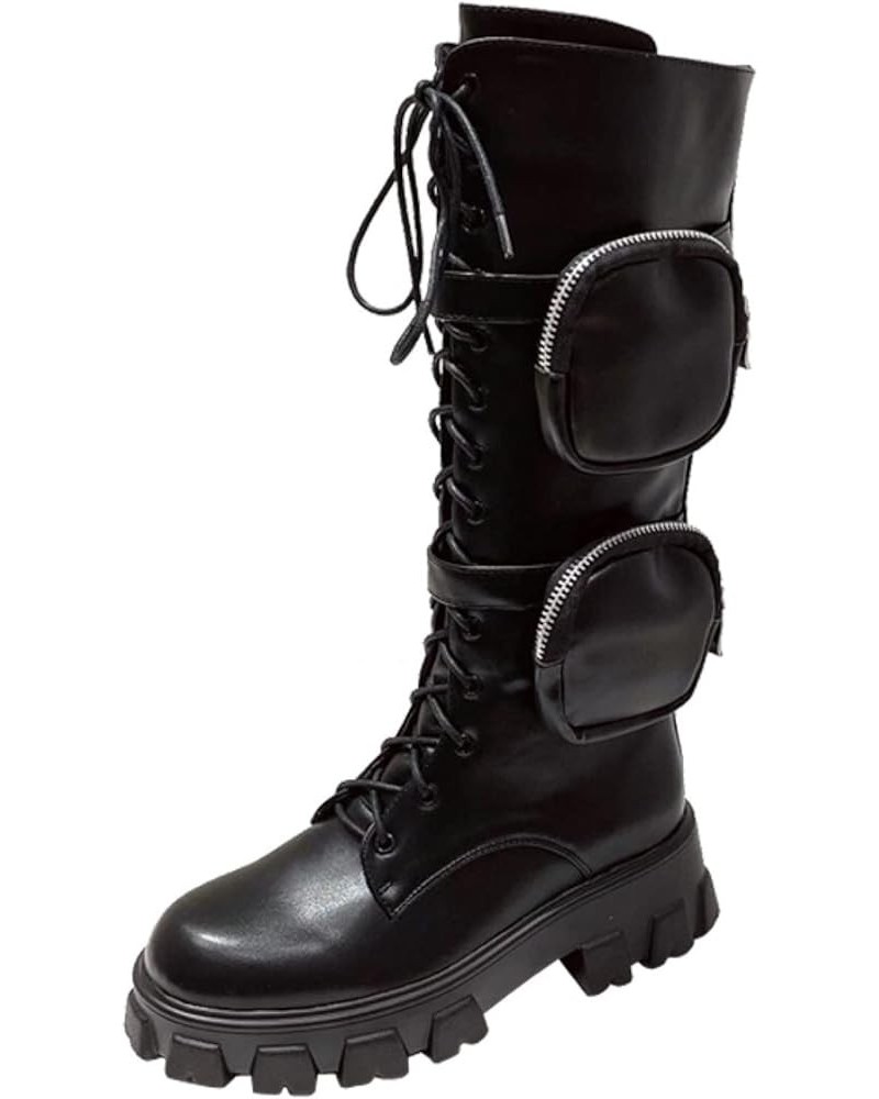 Women's Knee High Boots Stylish Lace Up Double Packet Buckle Straps Lug Sole Thick Platform Motorcycle Boots Black $38.95 Boots