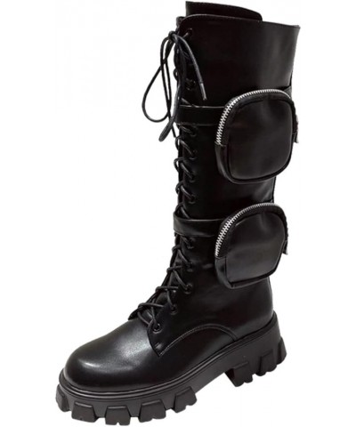 Women's Knee High Boots Stylish Lace Up Double Packet Buckle Straps Lug Sole Thick Platform Motorcycle Boots Black $38.95 Boots