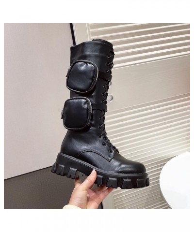 Women's Knee High Boots Stylish Lace Up Double Packet Buckle Straps Lug Sole Thick Platform Motorcycle Boots Black $38.95 Boots