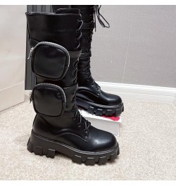 Women's Knee High Boots Stylish Lace Up Double Packet Buckle Straps Lug Sole Thick Platform Motorcycle Boots Black $38.95 Boots