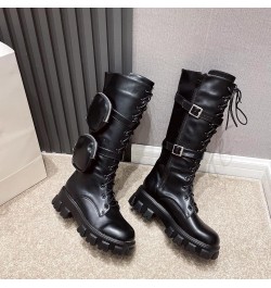 Women's Knee High Boots Stylish Lace Up Double Packet Buckle Straps Lug Sole Thick Platform Motorcycle Boots Black $38.95 Boots