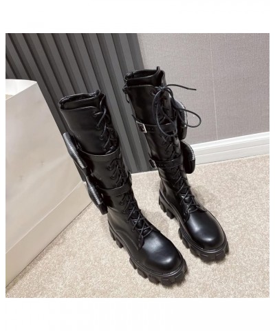 Women's Knee High Boots Stylish Lace Up Double Packet Buckle Straps Lug Sole Thick Platform Motorcycle Boots Black $38.95 Boots