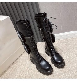 Women's Knee High Boots Stylish Lace Up Double Packet Buckle Straps Lug Sole Thick Platform Motorcycle Boots Black $38.95 Boots