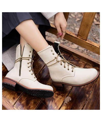 Combat Booties for Women Leather Riding Ankle Boots Fashion Lace Up Low Heel Closed Round Toe Short Boots with Zipper Outdoor...