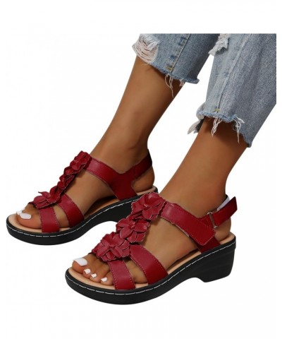 Women's Sandals Ladies Summer Fashion Multicolor Flower Round Toe Hook&Loop Platform Sandals Athletic Arch Red $18.82 Sandals