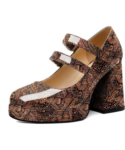 Platform Mary Janes Women Chunky Block Heel Pumps Closed Round Toe 4 Inch Double Strap High Heel Shoes Patent Flower Brown $3...