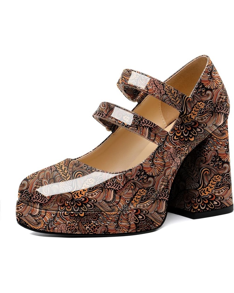 Platform Mary Janes Women Chunky Block Heel Pumps Closed Round Toe 4 Inch Double Strap High Heel Shoes Patent Flower Brown $3...