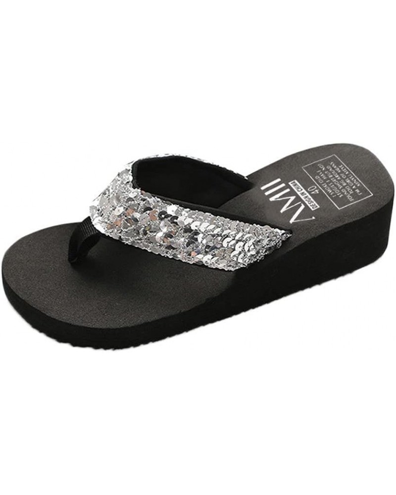 Sandals for Women Casual Summer Thong Wedge Sandals Glitter Bling Strap Flip Flop Platform Sandals Flat Fancy Slide Sparkle S...