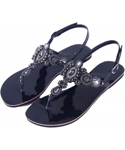 Summer Women Beach Flat Sandals Retro String Bead Shoes Boho T-Strap Diamond Slipper 39 Black $19.30 Sandals