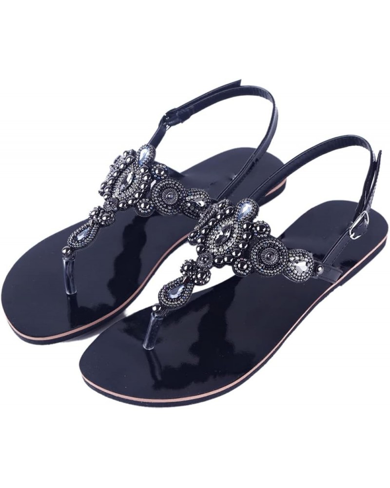 Summer Women Beach Flat Sandals Retro String Bead Shoes Boho T-Strap Diamond Slipper 39 Black $19.30 Sandals