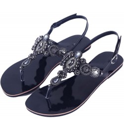 Summer Women Beach Flat Sandals Retro String Bead Shoes Boho T-Strap Diamond Slipper 39 Black $19.30 Sandals