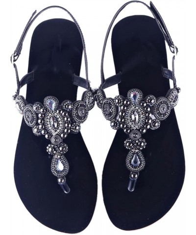 Summer Women Beach Flat Sandals Retro String Bead Shoes Boho T-Strap Diamond Slipper 39 Black $19.30 Sandals